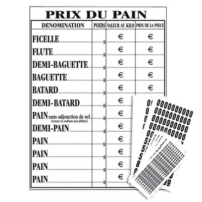 Tableau prix du pain avec chiffres - Tableaux de tarifs