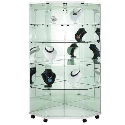 Vitrine d'angle en verre trempé avec fond miroir - Vitrines tablettes fixes